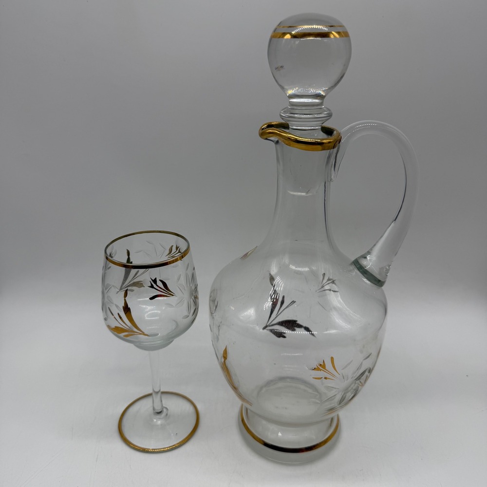 Vintage Etched Glass Decanter and Wine Glass Set Gold Silver Leaf Floral Design